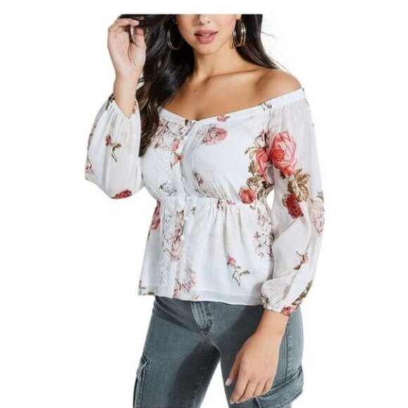 NWT Guess White & Red Floral Long sleeve Button Up Smocked Waist Cold Shoulder S - Picture 1 of 16